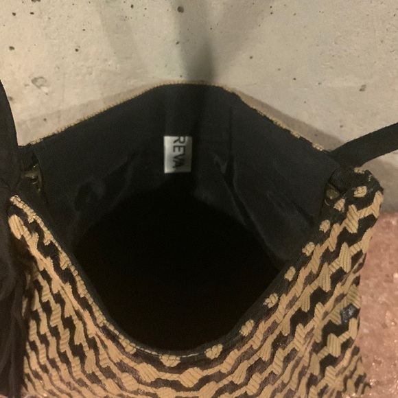 Vintage Reva Black and Tan Fabric Purse With Black Suede Strap and Tassel - Picture 2 of 5